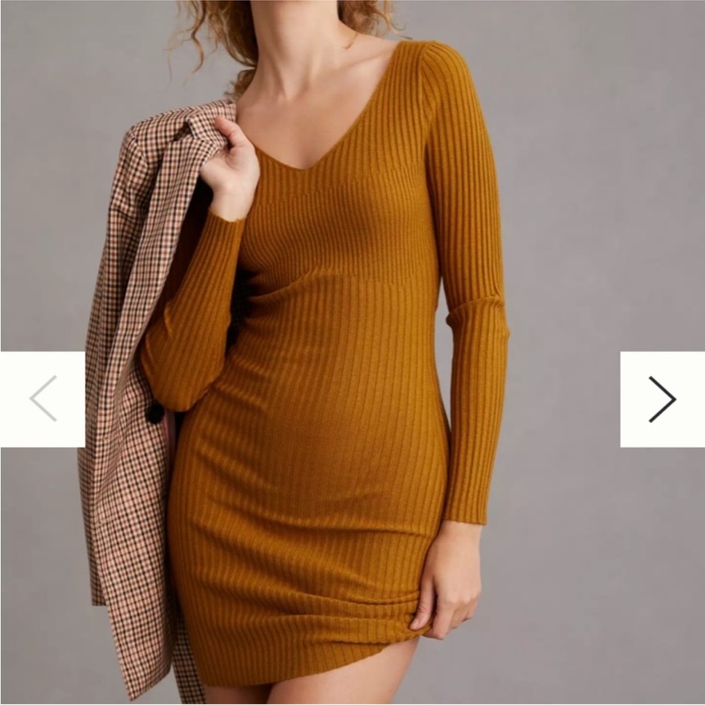 Anthropologie Ribbed Long Sleeve Sweater Dress in Mustard